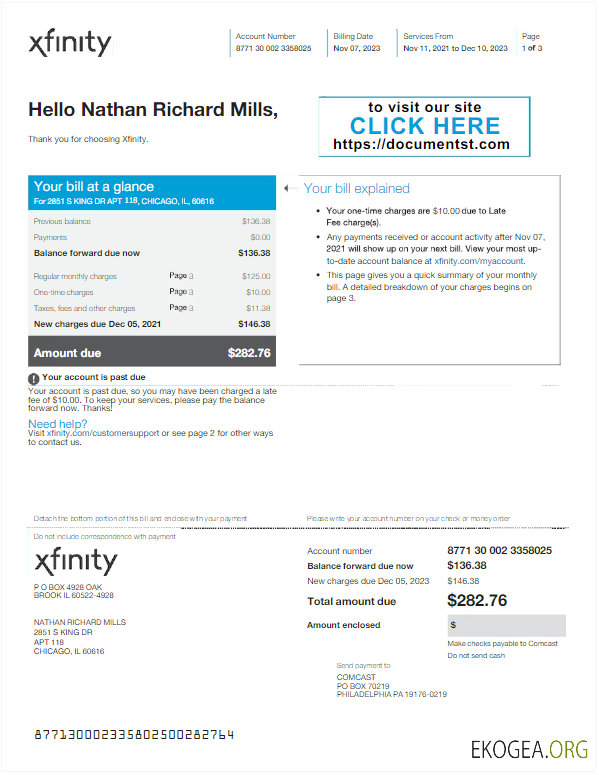 Usa Xfinity utility bill word and pdf template